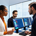 **Prompt:** A diverse group of people participating in an algorithm audit, examining code and data on brightly lit computer screens. The scene should convey transparency and accountability, with an emphasis on fairness in AI systems. Style: Modern, clean, and professional.