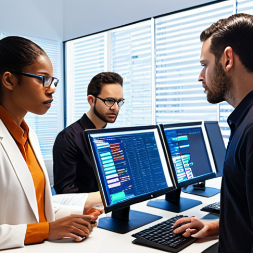 Home 4 **Prompt:** A diverse group of people participating in an algorithm audit, examining code and data on brightly lit computer screens. The scene should convey transparency and accountability, with an emphasis on fairness in AI systems. Style: Modern, clean, and professional.
