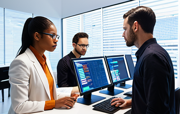 **Prompt:** A diverse group of people participating in an algorithm audit, examining code and data on brightly lit computer screens. The scene should convey transparency and accountability, with an emphasis on fairness in AI systems. Style: Modern, clean, and professional.