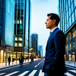 A thoughtful professional, fully clothed in a modest business suit, stands on a modern smart city street at dusk. Abstract, ethereal digital data streams subtly overlay the scene, reflecting off glass buildings and smart infrastructure, hinting at pervasive connectivity. The individual is observing the integrated technology with a pensive expression, conveying a sense of intelligent progress balanced with ethical consideration. Professional dress, safe for work, appropriate content, fully clothed, family-friendly. Perfect anatomy, correct proportions, natural pose, well-formed hands, proper finger count, natural body proportions. High-resolution, professional photography, realistic, crisp focus, intricate details.