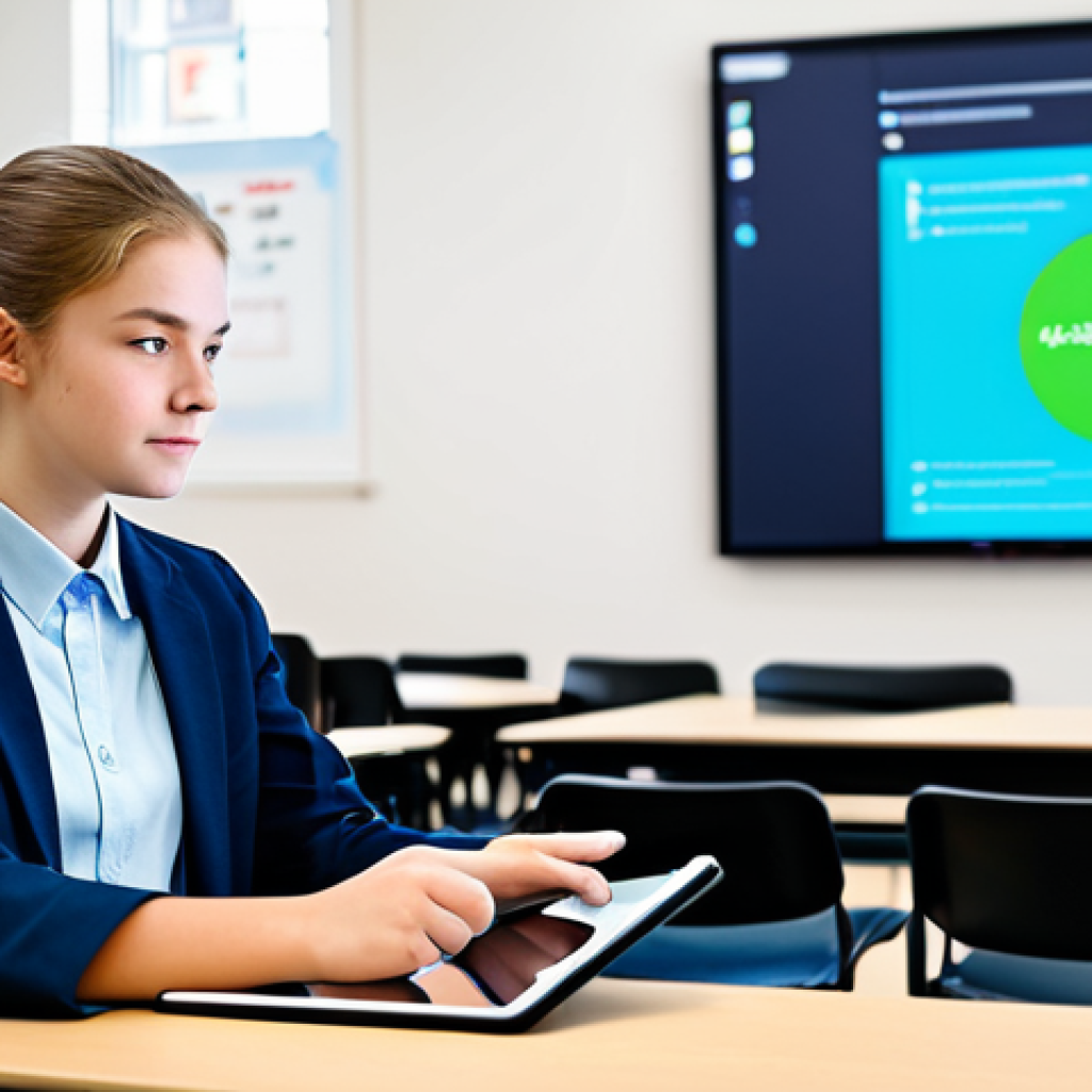 A high school student, fully clothed in modest, contemporary student attire, sits attentively at a modern classroom desk. They are engaged with a tablet, looking thoughtfully at a personalized learning module displayed on the screen, which subtly features an abstract, glowing digital interface representing AI guidance. The background is a bright, clean, well-lit educational environment, subtly blurred to keep focus on the student. The image captures a moment of focused, individualized learning with a positive and forward-looking atmosphere. This is a safe for work, appropriate content, fully clothed, and family-friendly image with perfect anatomy, correct proportions, a natural pose, well-formed hands, proper finger count, natural body proportions, and high-quality digital illustration.