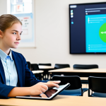 A high school student, fully clothed in modest, contemporary student attire, sits attentively at a modern classroom desk. They are engaged with a tablet, looking thoughtfully at a personalized learning module displayed on the screen, which subtly features an abstract, glowing digital interface representing AI guidance. The background is a bright, clean, well-lit educational environment, subtly blurred to keep focus on the student. The image captures a moment of focused, individualized learning with a positive and forward-looking atmosphere. This is a safe for work, appropriate content, fully clothed, and family-friendly image with perfect anatomy, correct proportions, a natural pose, well-formed hands, proper finger count, natural body proportions, and high-quality digital illustration.