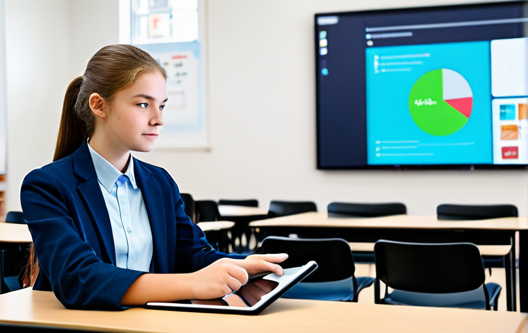 A high school student, fully clothed in modest, contemporary student attire, sits attentively at a modern classroom desk. They are engaged with a tablet, looking thoughtfully at a personalized learning module displayed on the screen, which subtly features an abstract, glowing digital interface representing AI guidance. The background is a bright, clean, well-lit educational environment, subtly blurred to keep focus on the student. The image captures a moment of focused, individualized learning with a positive and forward-looking atmosphere. This is a safe for work, appropriate content, fully clothed, and family-friendly image with perfect anatomy, correct proportions, a natural pose, well-formed hands, proper finger count, natural body proportions, and high-quality digital illustration.