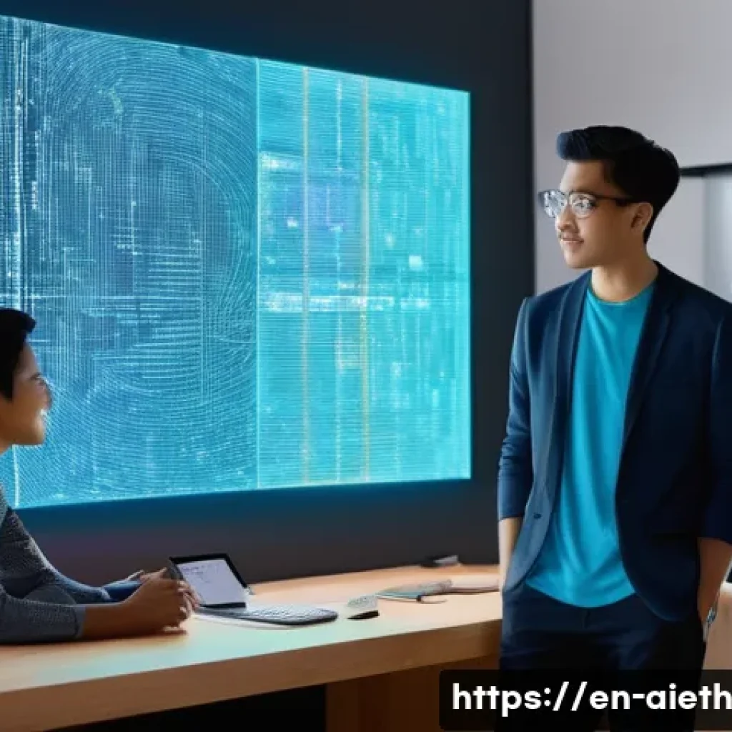 AI 윤리와 AI 사용 가이드 - **Prompt:** A vibrant, futuristic workspace bathed in soft, diffused light, where a diverse group of...