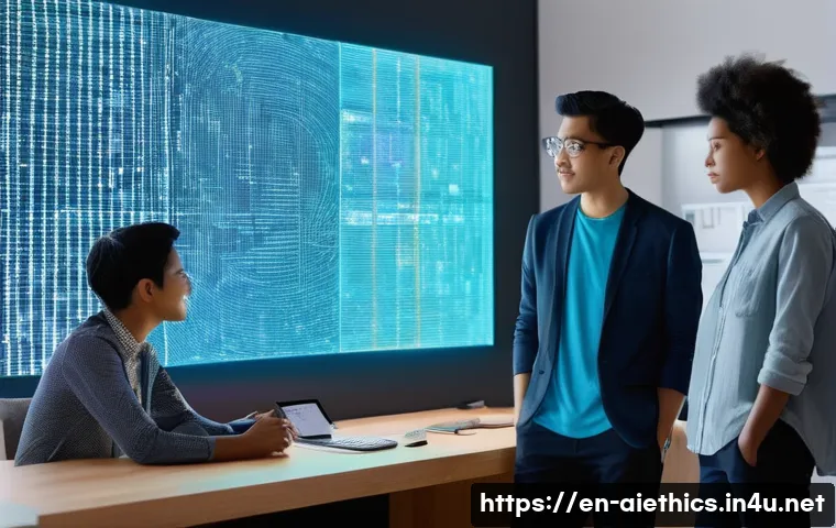 AI 윤리와 AI 사용 가이드 - **Prompt:** A vibrant, futuristic workspace bathed in soft, diffused light, where a diverse group of...