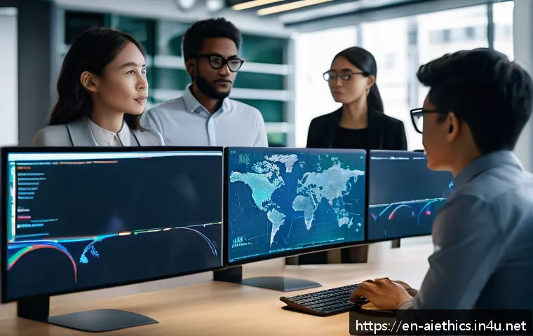 AI 윤리와 AI 윤리 전문가 - A modern, high-tech office environment showing a diverse team of AI ethicists and engineers collabor...