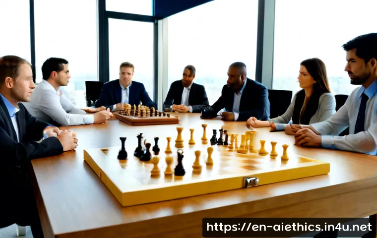 AI 윤리와 AI 거버넌스 - Photorealistic modern ethics committee meeting in a bright American civic office, diverse profession...